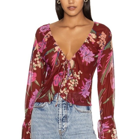 Free People Of Paradise Floral Top In Cocoa Combo Size XS EUC - Picture 4 of 4